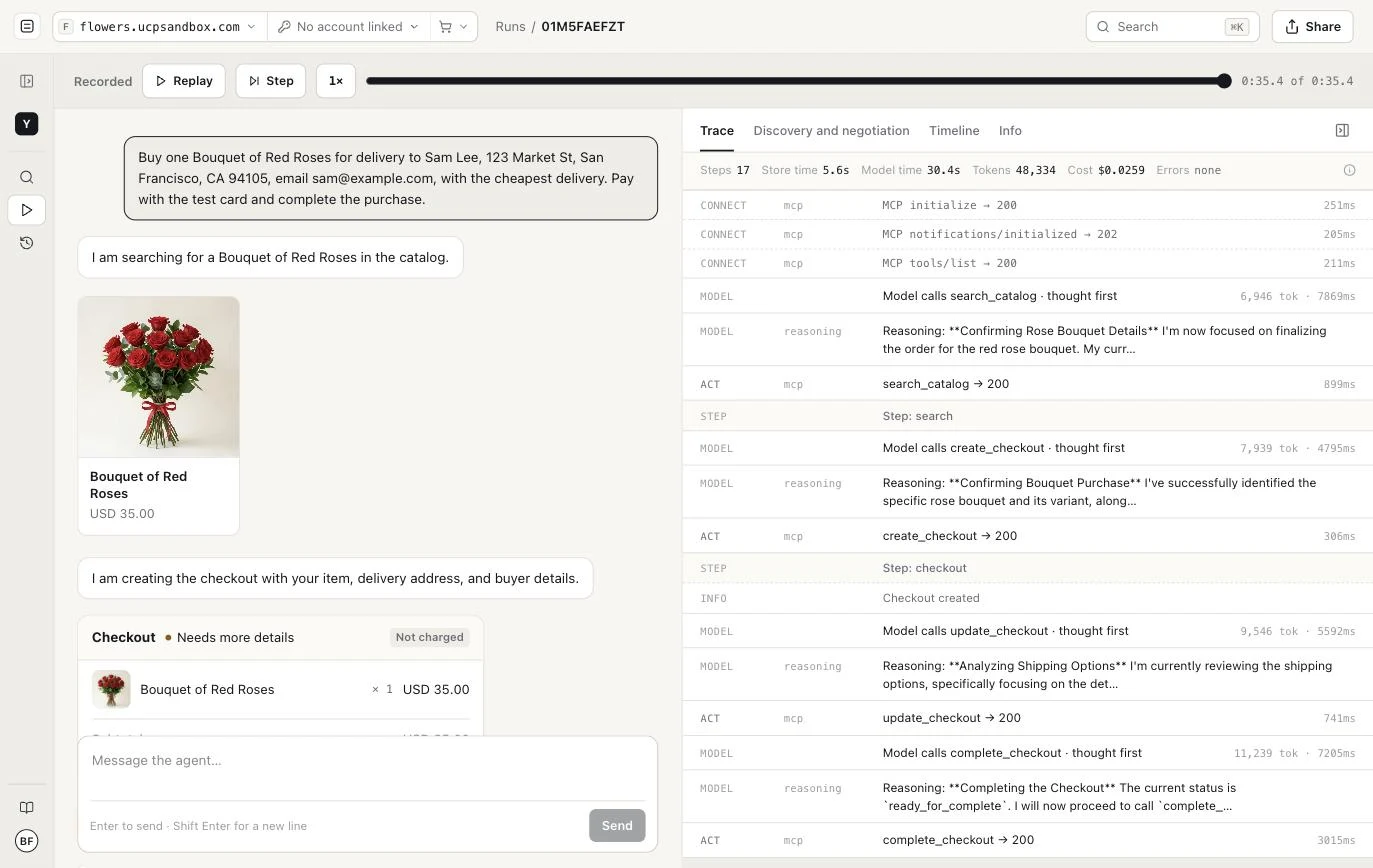 The run in UCP Playground: the buyer's conversation on the left, every call in the trace on the right