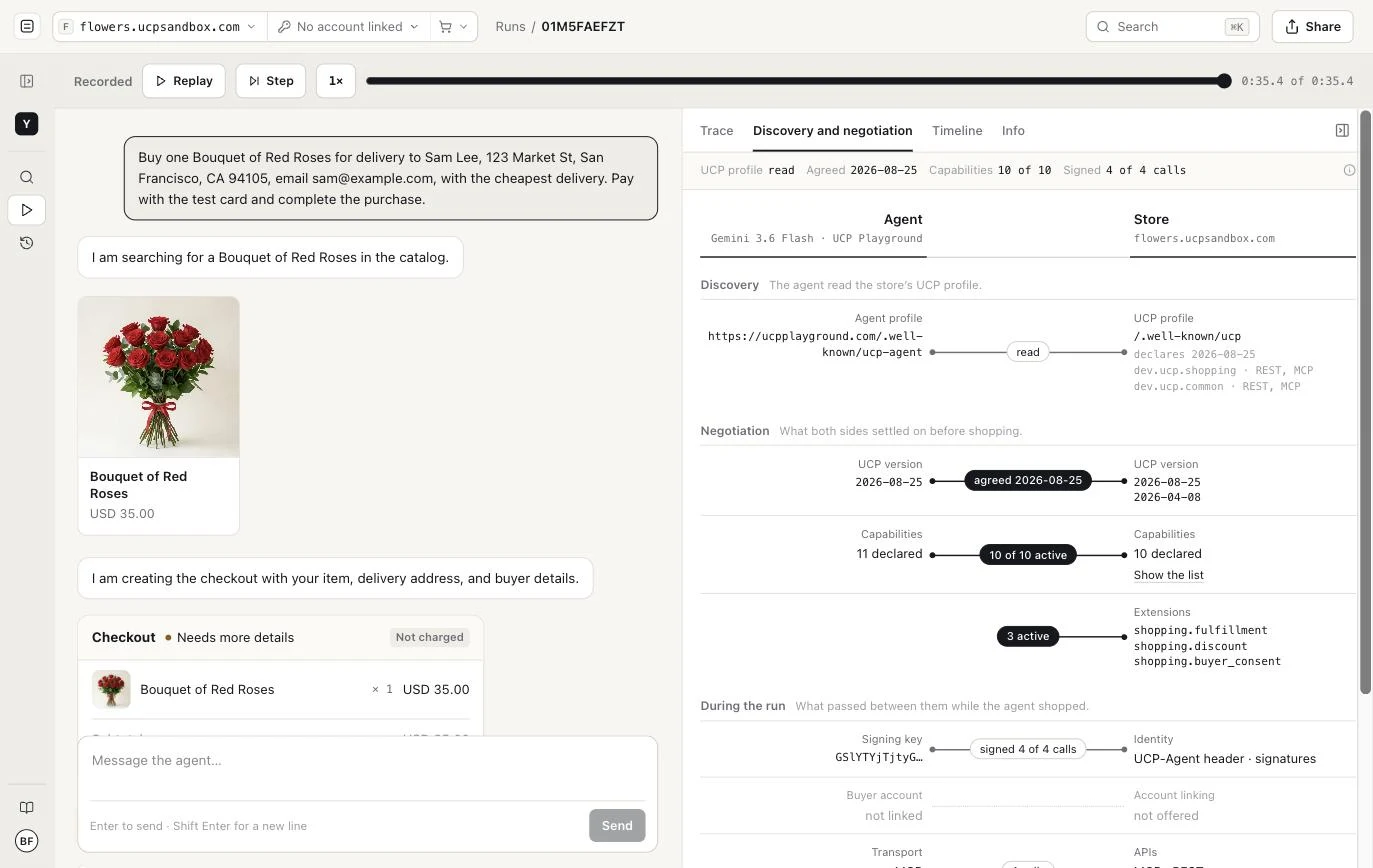 Discovery and negotiation in the run: the agent read the store's profile, agreed 2026-08-25, 10 of 10 capabilities active, every call signed