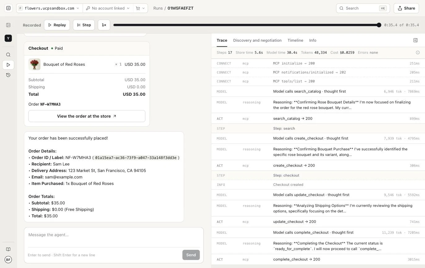 Order placed: the paid checkout with order NF-W7MHA3, and the agent's summary for the buyer