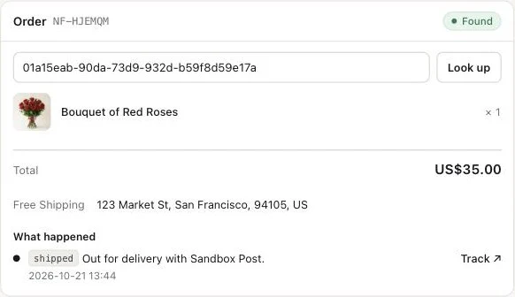The order as Inspect shows it: Bouquet of Red Roses, free shipping, and the store's own update: shipped, out for delivery