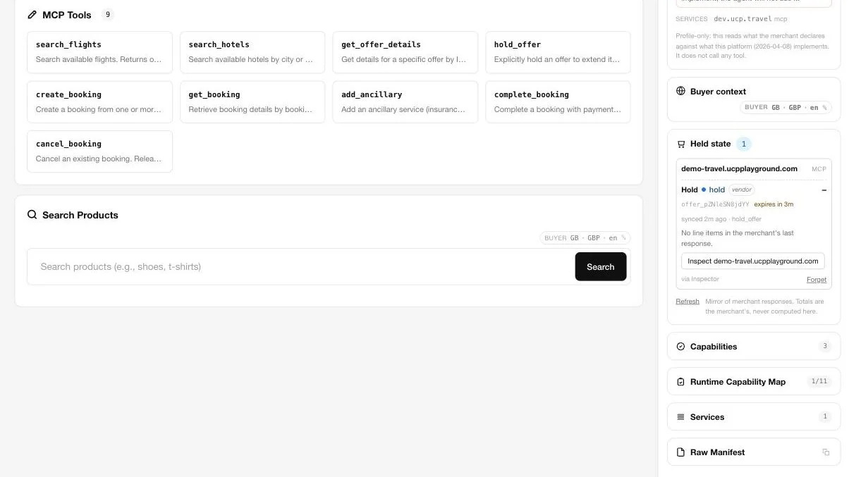 The UCP Playground Tool Inspector connected to a demo travel store. The sidebar shows a Buyer context card reading GB · GBP · en, and a Held state panel with one row: a vendor-namespace Hold against demo-travel.ucpplayground.com, offer id, expires in 3m, the note "No line items in the merchant's last response", and a footer reading "Mirror of merchant responses. Totals are the merchant's, never computed here."