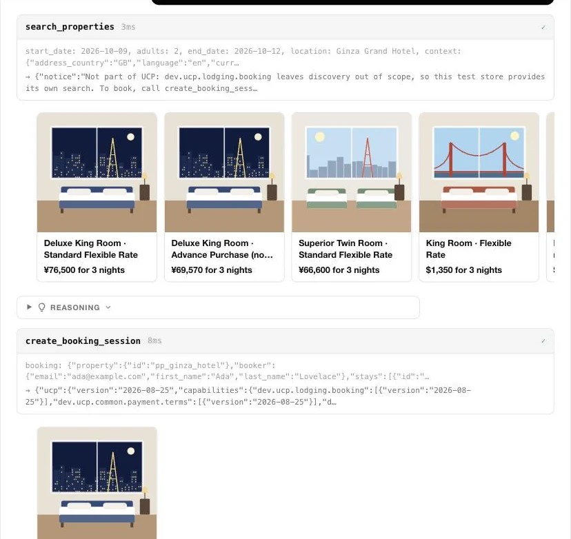 A replayed agent session against hotel.local. A search_properties call is followed by a row of hotel cards: Deluxe King Room Standard Flexible Rate ¥76,500 for 3 nights, Deluxe King Room Advance Purchase ¥69,570, Superior Twin Room ¥66,600, and a King Room Flexible Rate in San Francisco at $1,350. Below, a create_booking_session call and the card for the booking it created.