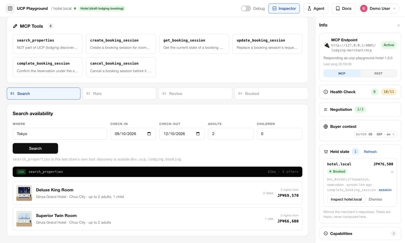 The UCP Playground Tool Inspector connected to hotel.local, showing its six tools and a four-step stepper: Search, Rate, Review, Booked. The Search availability card has Tokyo, 9 to 12 October 2026 and 2 adults, a search_properties call returning 3 offers, and two rooms: Deluxe King Room from JP¥69,570 and Superior Twin Room from JP¥66,600 for 3 nights.