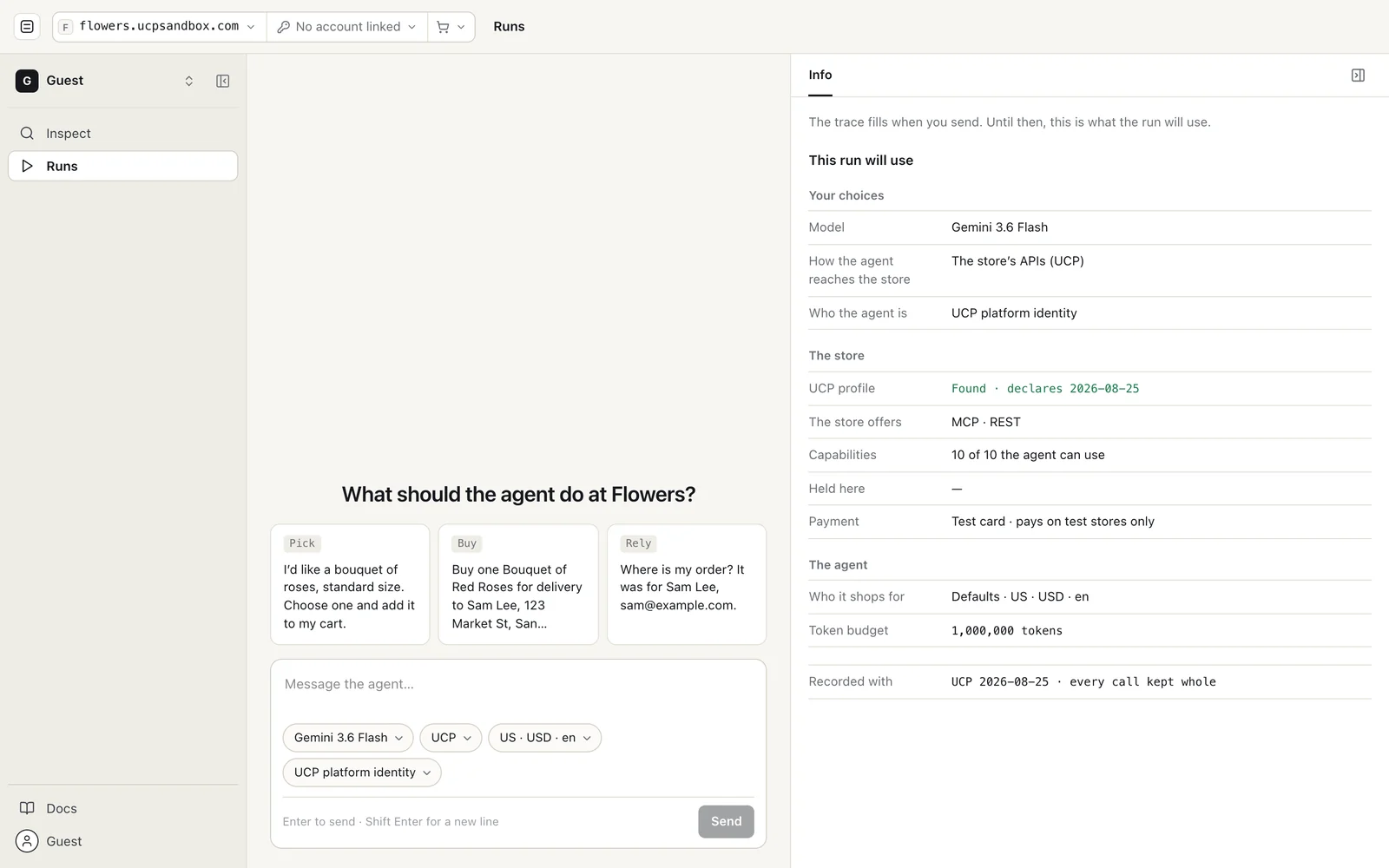 The Runs page in UCP Playground with flowers.ucpsandbox.com in scope: a message box with the model, transport, buyer and identity pills, three starter tasks (Pick, Buy, Rely), and an Info pane listing what the run will use