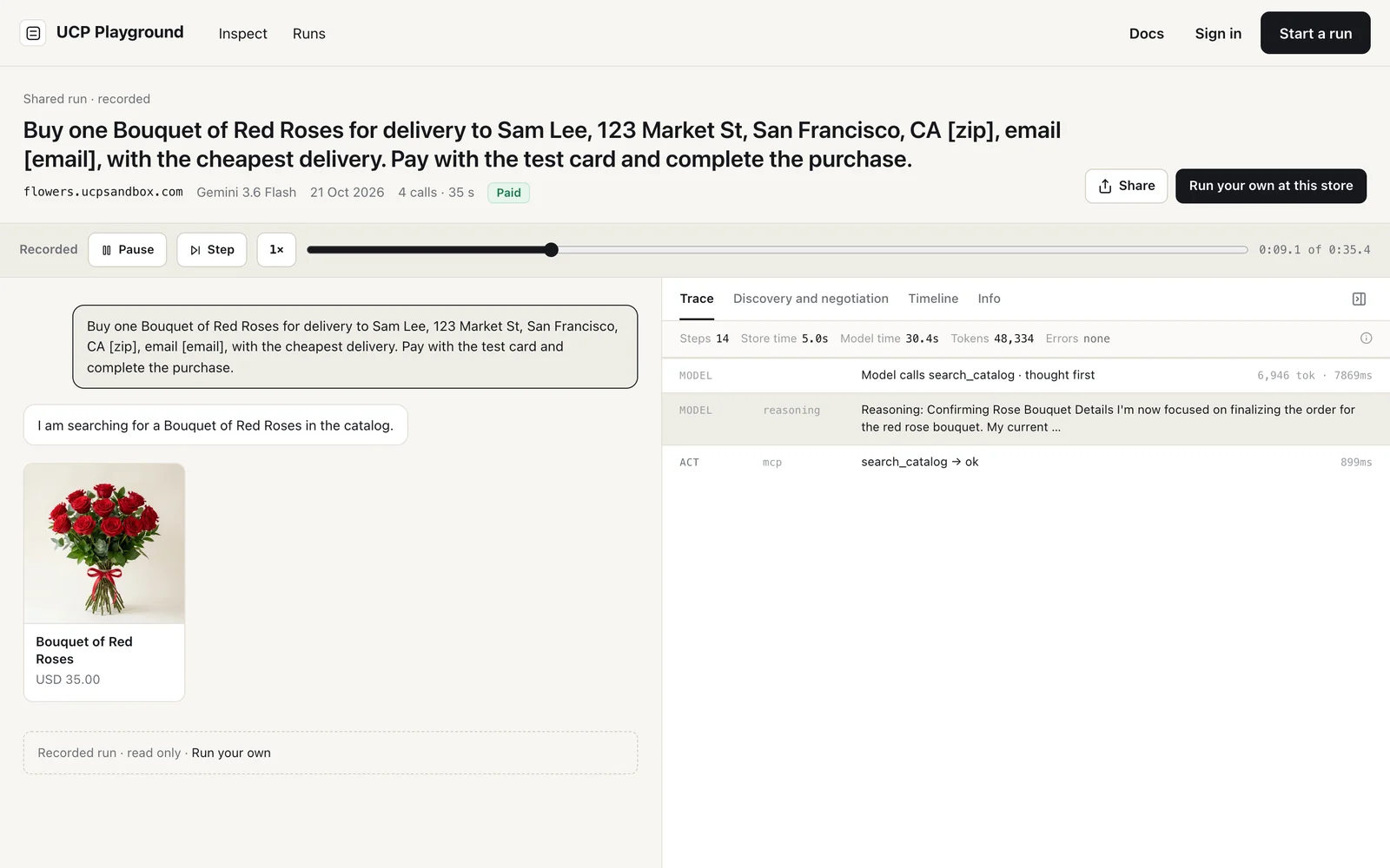 A recorded run replaying in UCP Playground: the buyer's task and the agent's first message on the left with a product card for a Bouquet of Red Roses, and the Trace tab on the right showing the model's call and the store's search_catalog answer