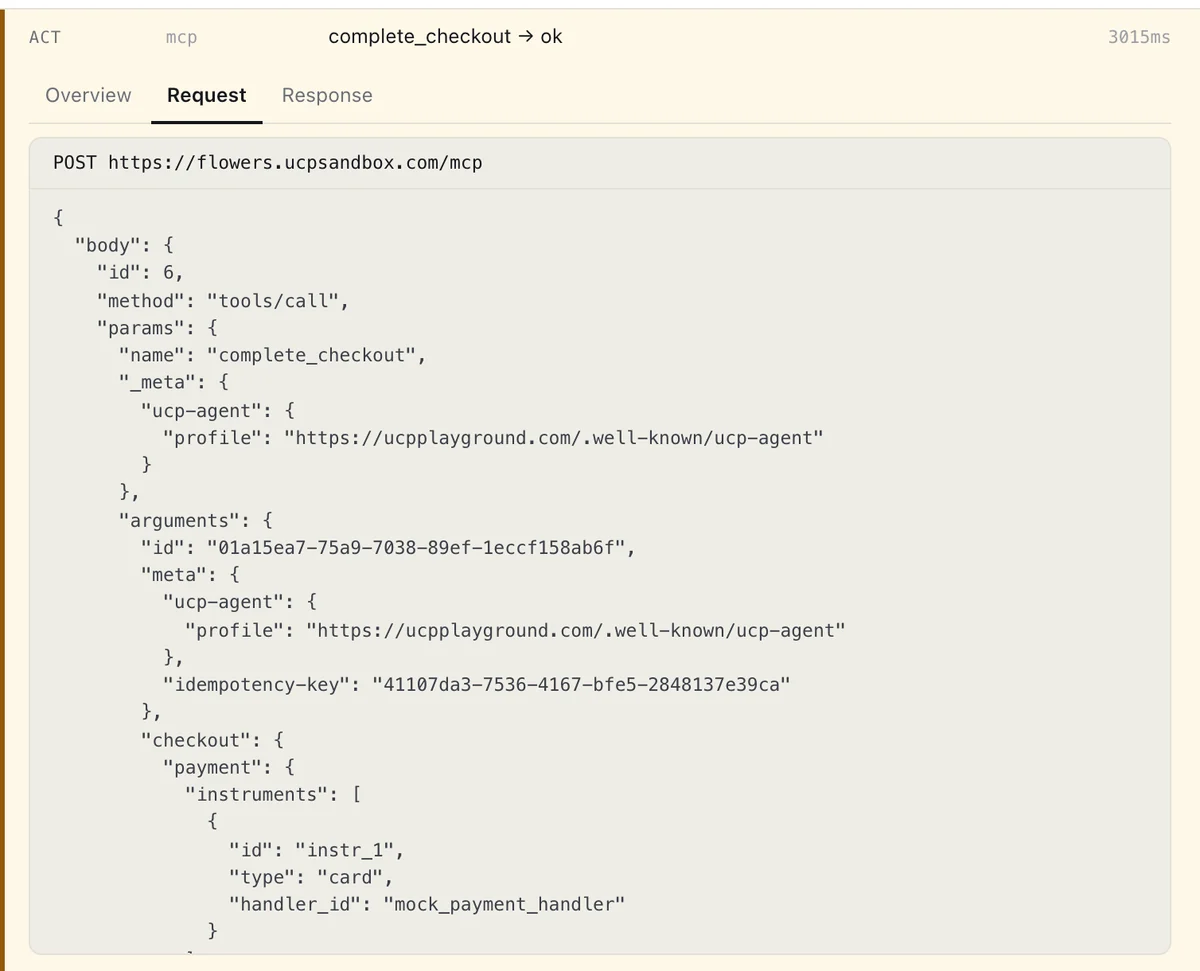 An opened call in the trace: complete_checkout over MCP, with the Request tab showing the JSON-RPC tools/call sent to the store's MCP endpoint, the agent's profile in meta, the checkout id, the idempotency-key and the payment instrument