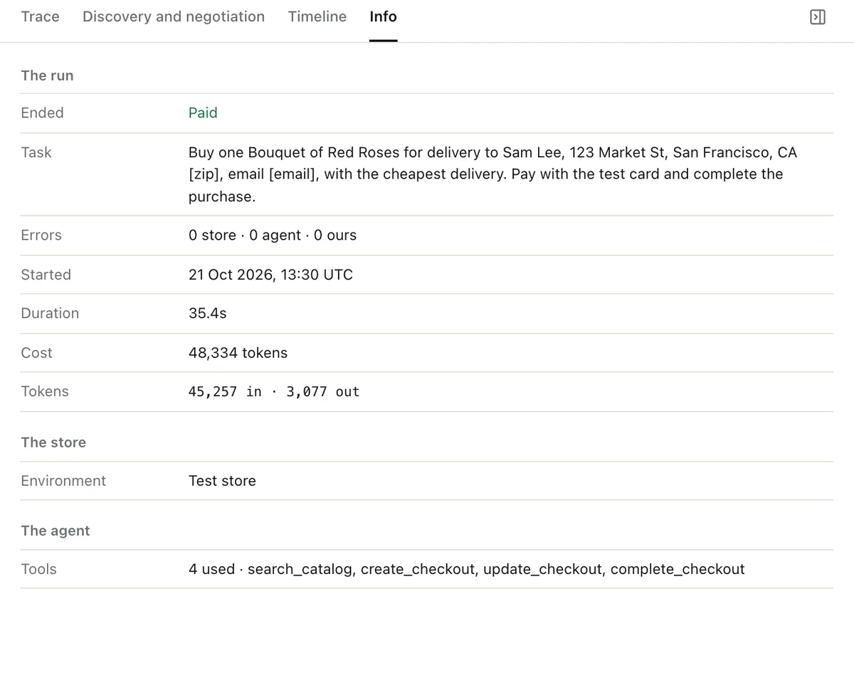 The Info tab: the run ended Paid, the task, errors 0 store, 0 agent, 0 ours, started 21 Oct 2026, duration 35.4 seconds, 48,334 tokens, a test store, and the four tools used