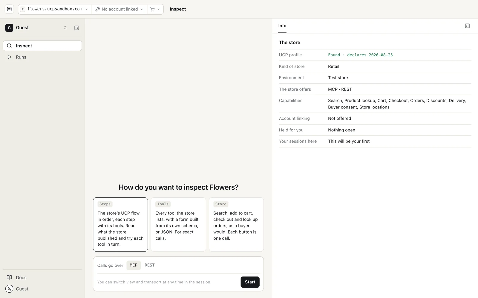 Inspect on flowers.ucpsandbox.com: "How do you want to inspect Flowers?" with three views (Steps, Tools and Store), MCP or REST, and an Info pane with the store's UCP profile, kind of store, environment, transports, capabilities and account linking