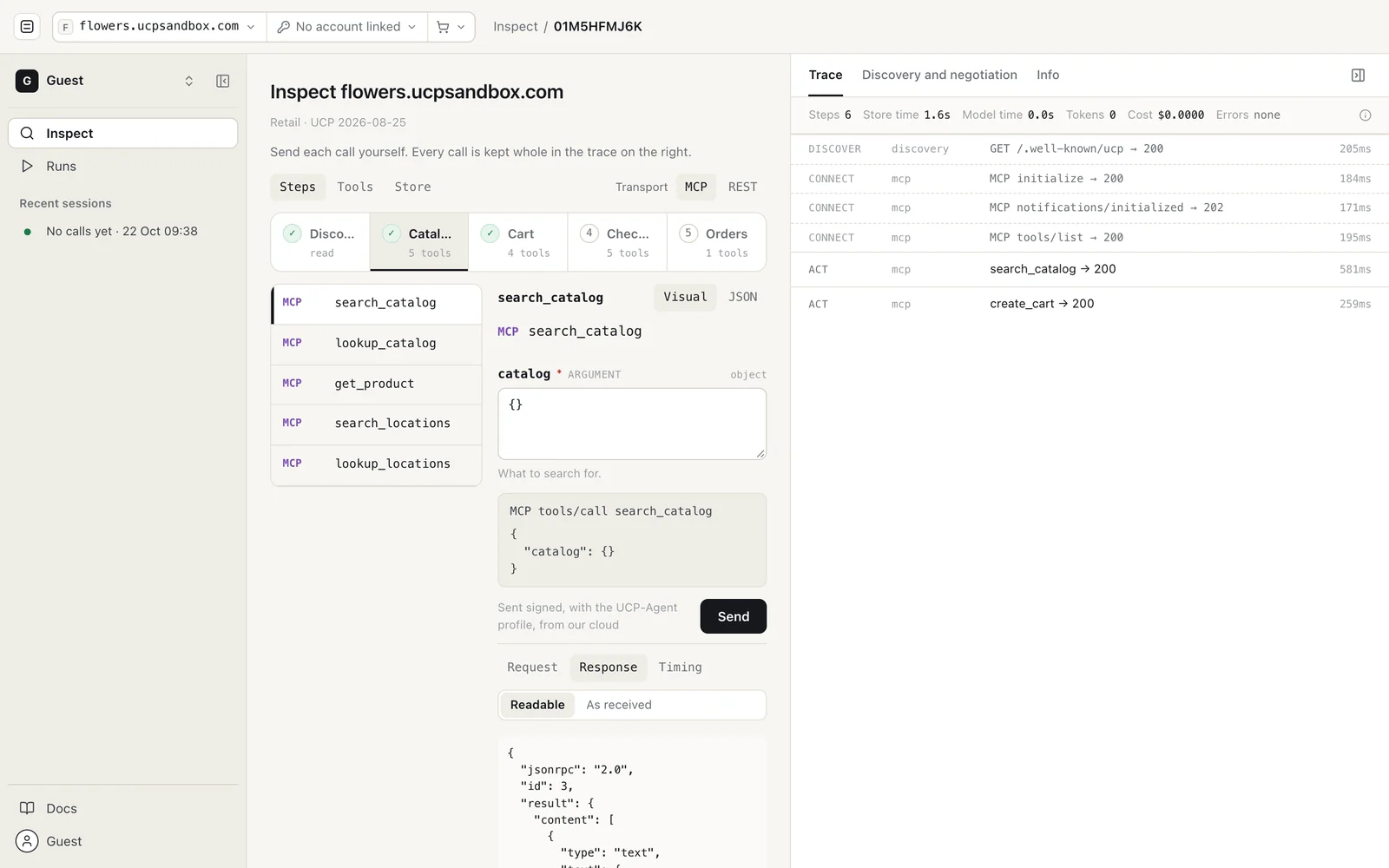 The Steps view: Discovery read, Catalogue with 5 tools selected, then Cart, Checkout and Orders; the search_catalog form, the signed MCP request and the store's response