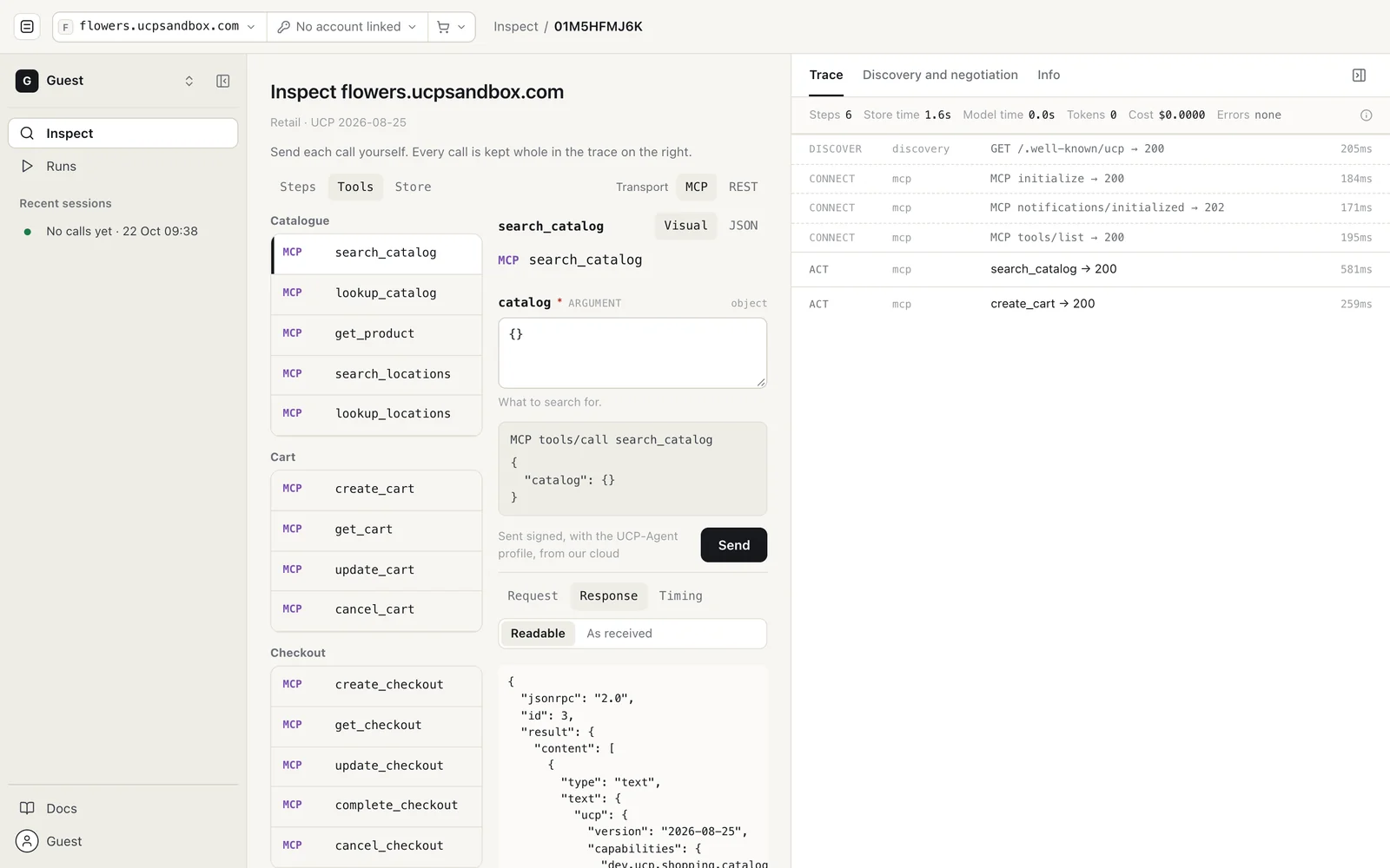 The Tools view: the store's tools grouped by Catalogue, Cart and Checkout, each marked MCP, with search_catalog open as a form and its response below