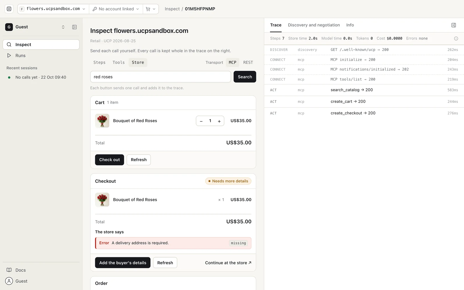 The Store view: a cart with one Bouquet of Red Roses at US$35.00, and a checkout marked Needs more details, where the store says "A delivery address is required" with the code missing; the trace on the right lists search_catalog, create_cart and create_checkout