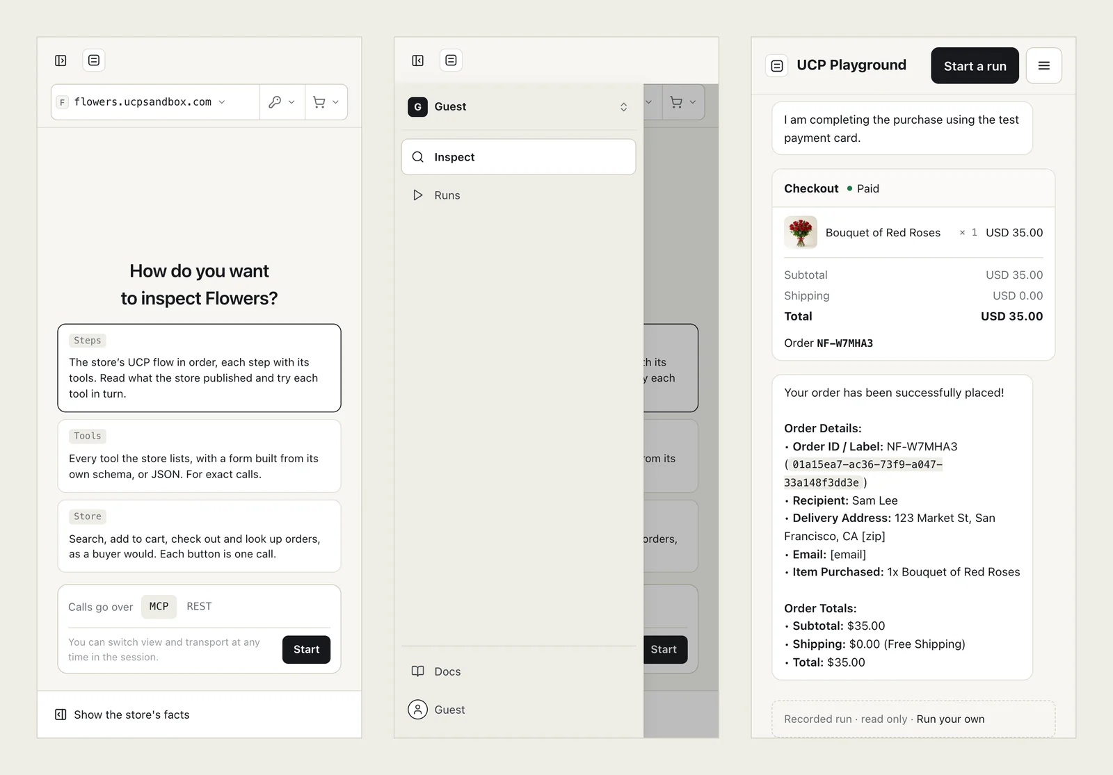 Three phone screens: Inspect's start on flowers.ucpsandbox.com, the navigation drawer open with the Guest workspace, Inspect and Runs, and a shared run's paid checkout card and order