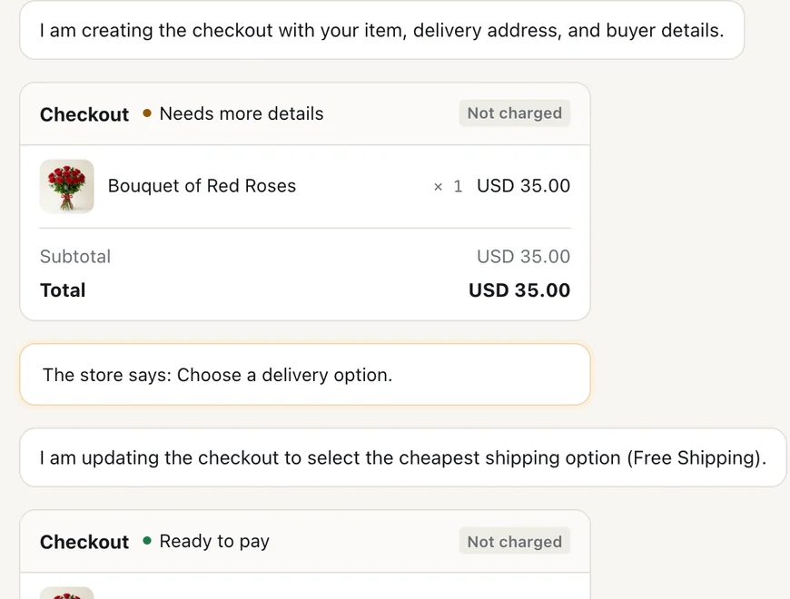 Two checkout cards from a replay: the first marked Needs more details with the store's message "Choose a delivery option", the second Ready to pay, neither charged