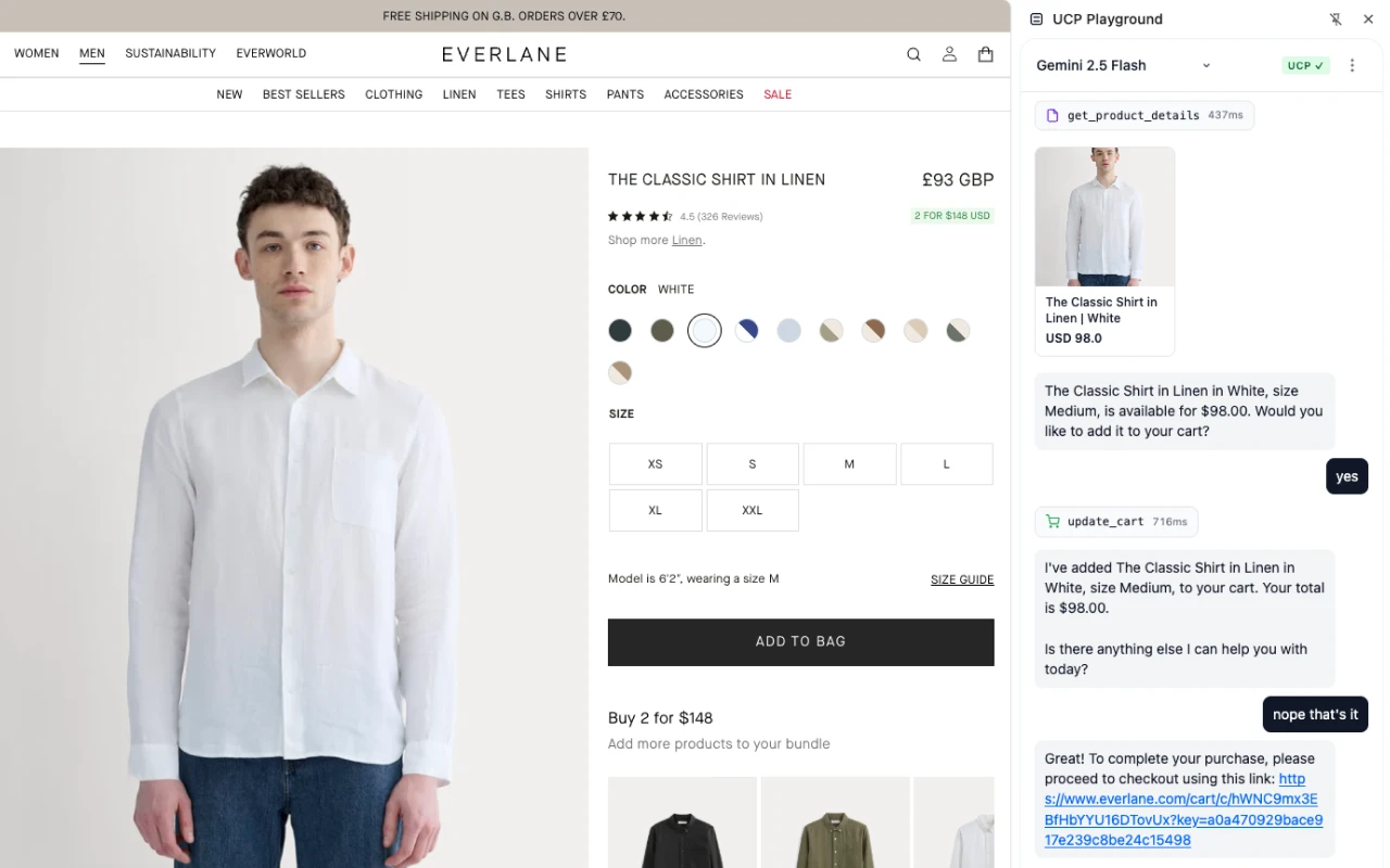 The UCP Playground side panel running a full agent shopping flow on Everlane — product lookup, add-to-cart, and a generated checkout link, beside the live storefront