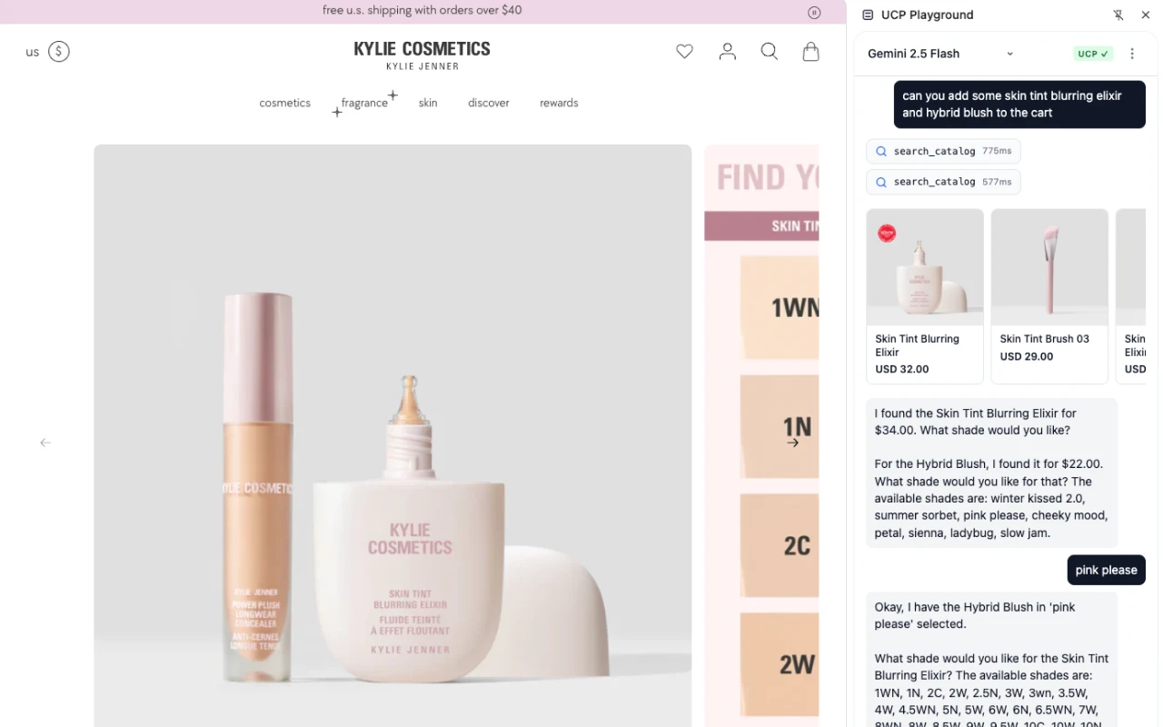 The side panel handling a multi-item request on Kylie Cosmetics — two search_catalog calls, product cards and shade selection, next to the storefront