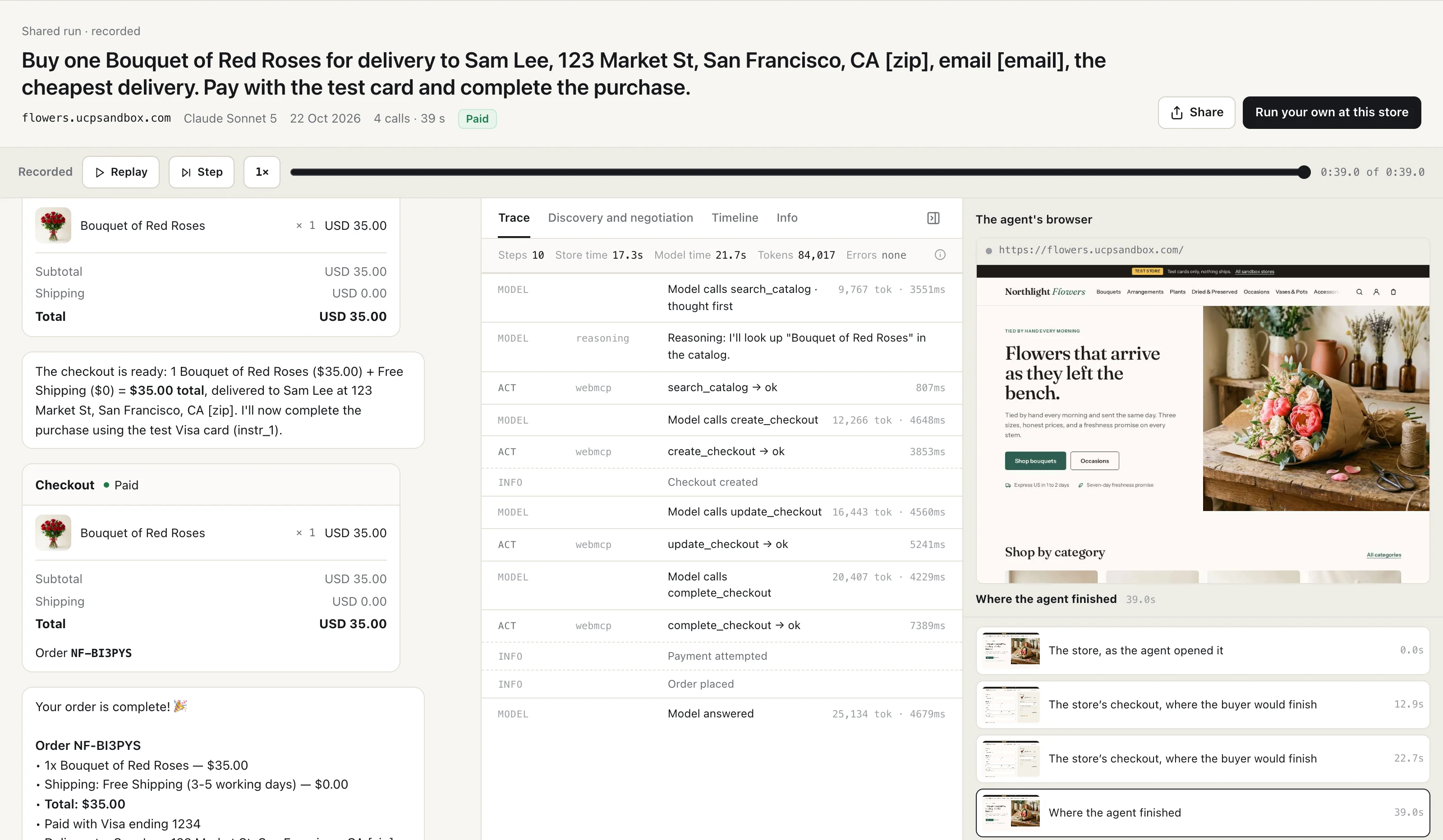 A website run on UCP Playground in three panes: the buyer's chat with the paid checkout card and order NF-BI3PYS on the left, the Trace with search_catalog, create_checkout, update_checkout and complete_checkout labelled webmcp in the middle, and the agent's browser on the right showing the Northlight Flowers home page with a strip of screenshots below it