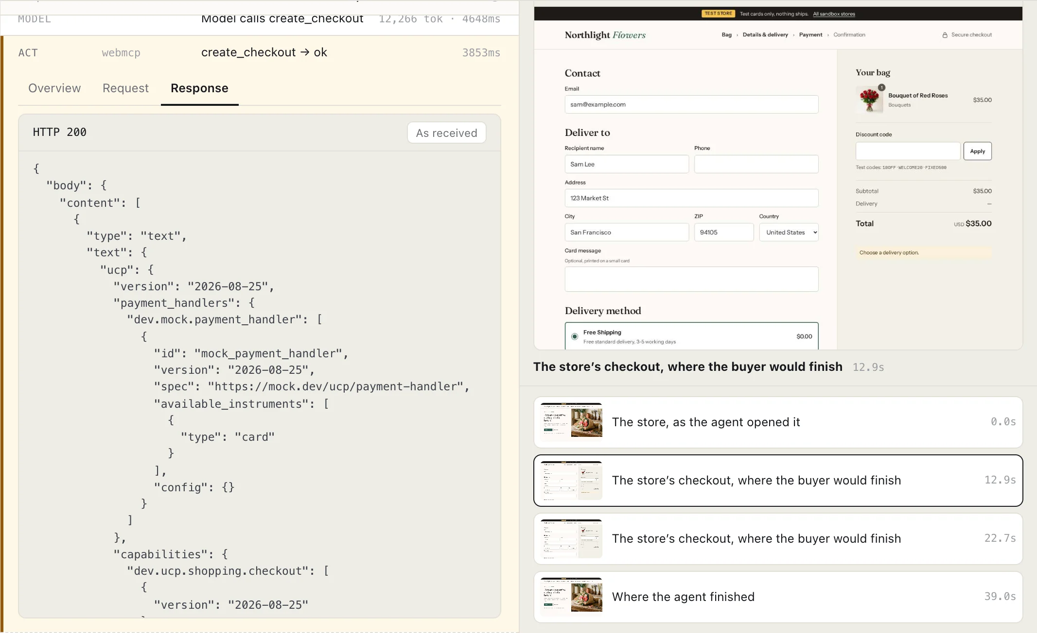 The agent's browser showing the store's own checkout page, filled in with the delivery address and Free Shipping, next to the create_checkout call opened in the trace; the strip below marks "The store's checkout, where the buyer would finish" at 12.9 seconds