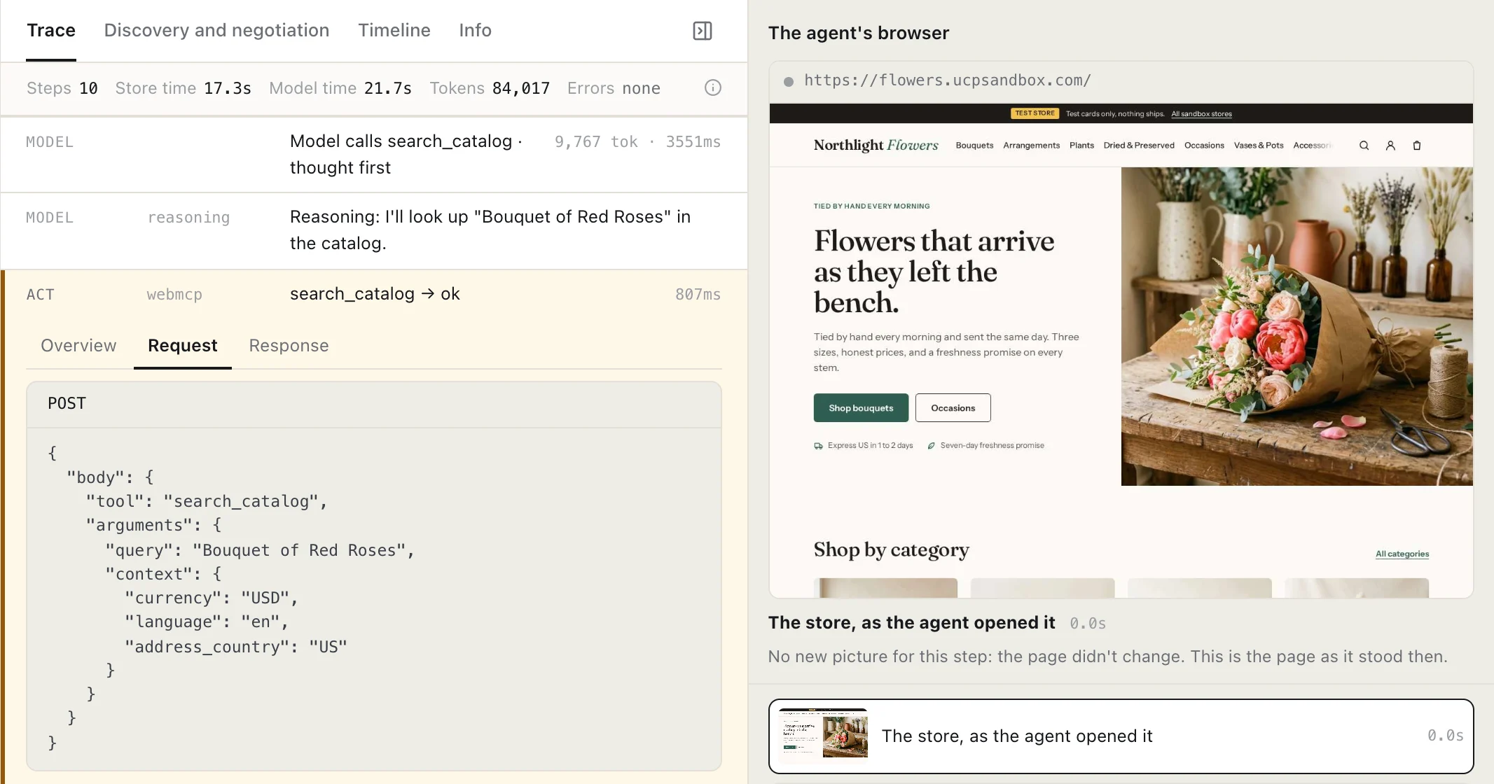 The search_catalog call opened in the trace, labelled webmcp, with Overview, Request and Response tabs; the Response shows the page tool's answer as received, with the store's UCP version 2026-08-25 and the catalog capabilities it declares