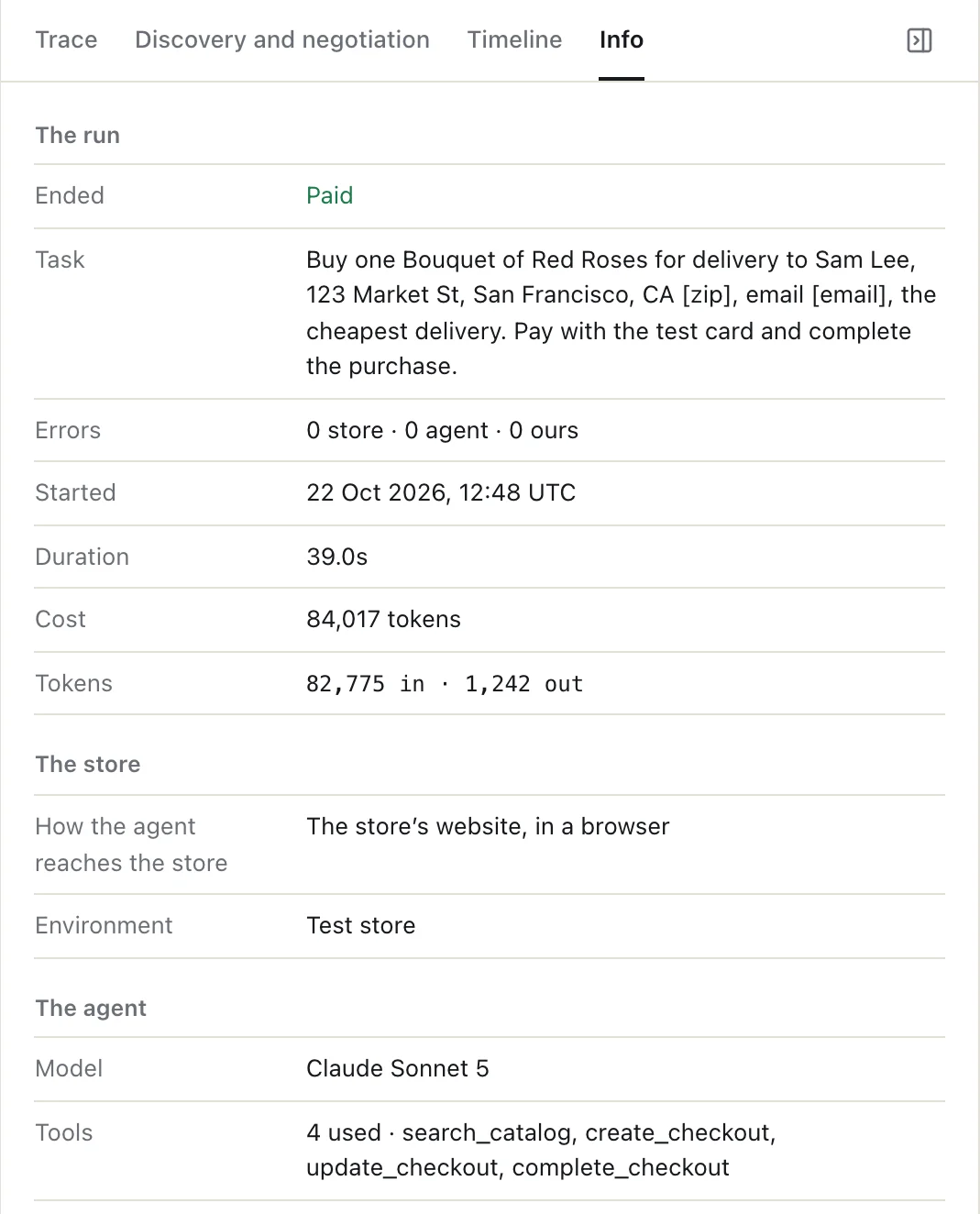 The Info tab: the run ended Paid, the task, no errors from the store, the agent or the Playground, 39 seconds, 84,017 tokens; the agent reached the store through its website, in a browser; a test store; Claude Sonnet 5, and the four tools used