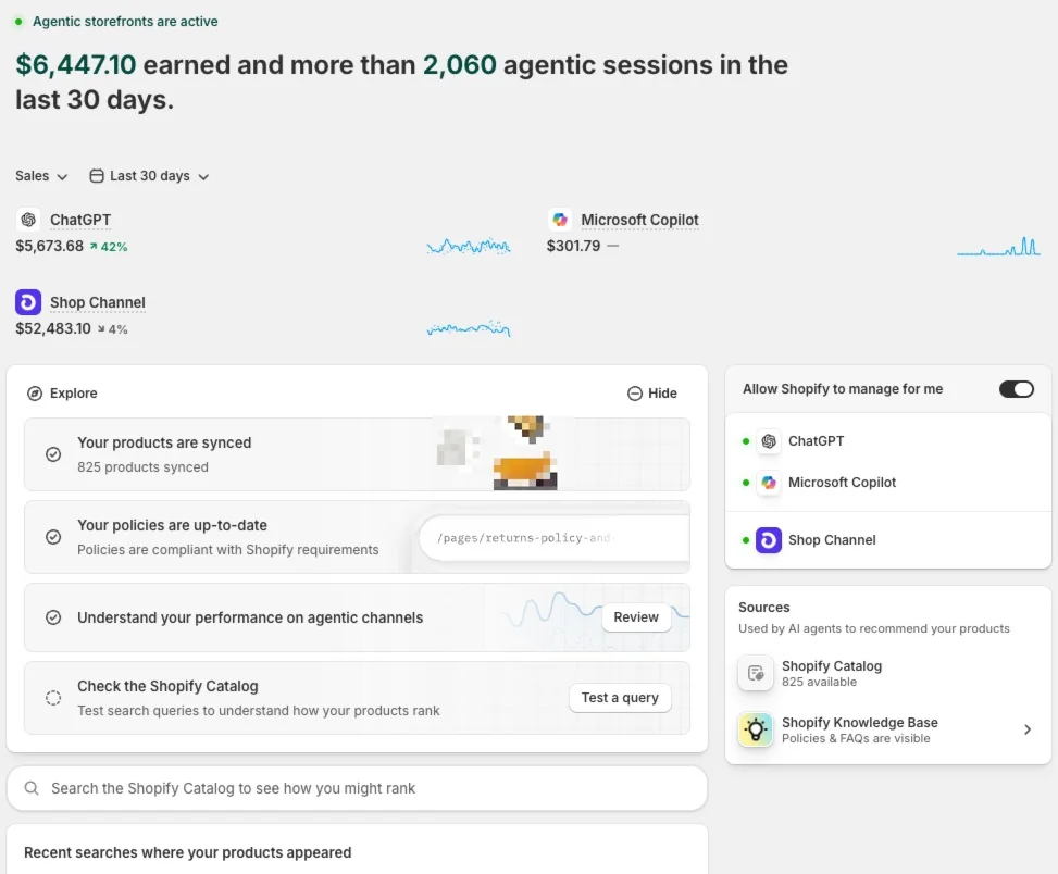 Shopify Agentic Storefronts dashboard in merchant admin showing 2,060 agentic sessions and $6,447 earned in the last 30 days, split by ChatGPT, Microsoft Copilot, and Shop Channel, with an 'Allow Shopify to manage for me' toggle and agentic readiness checklist