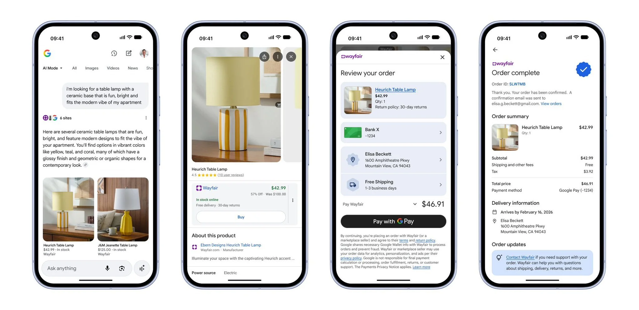 Google AI Mode shopping flow on Wayfair: AI Mode query, product detail with Buy button, Google Pay order review, order complete confirmation