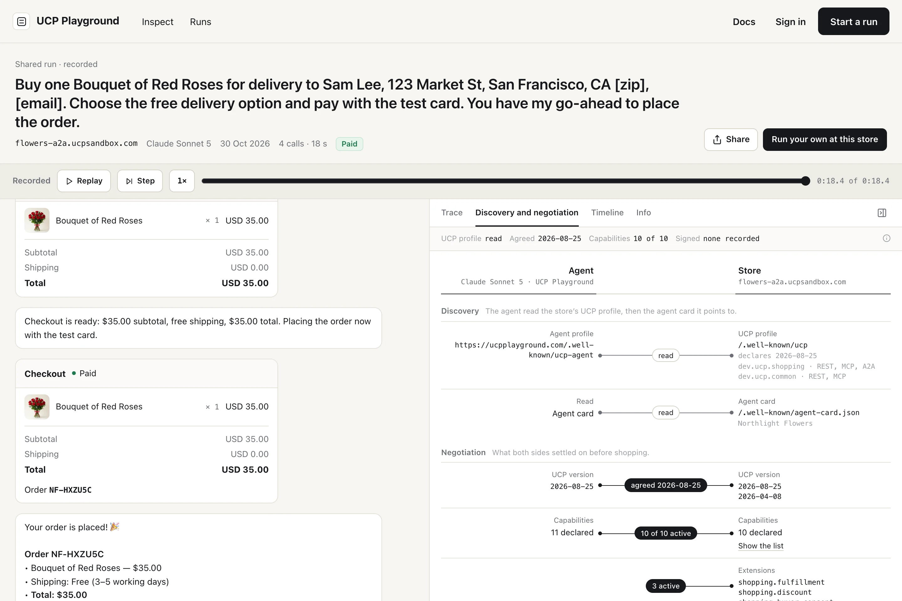 The run's Discovery and negotiation tab: the agent read the store's UCP profile, then its agent card.