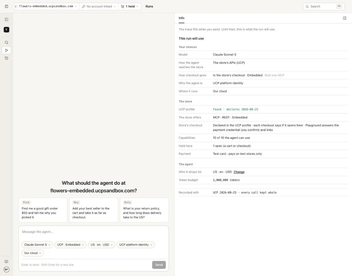 UCP Playground set up for the run: the UCP pill reads "UCP · Embedded", and the Info pane says checkout will happen in the store's checkout, built over MCP.