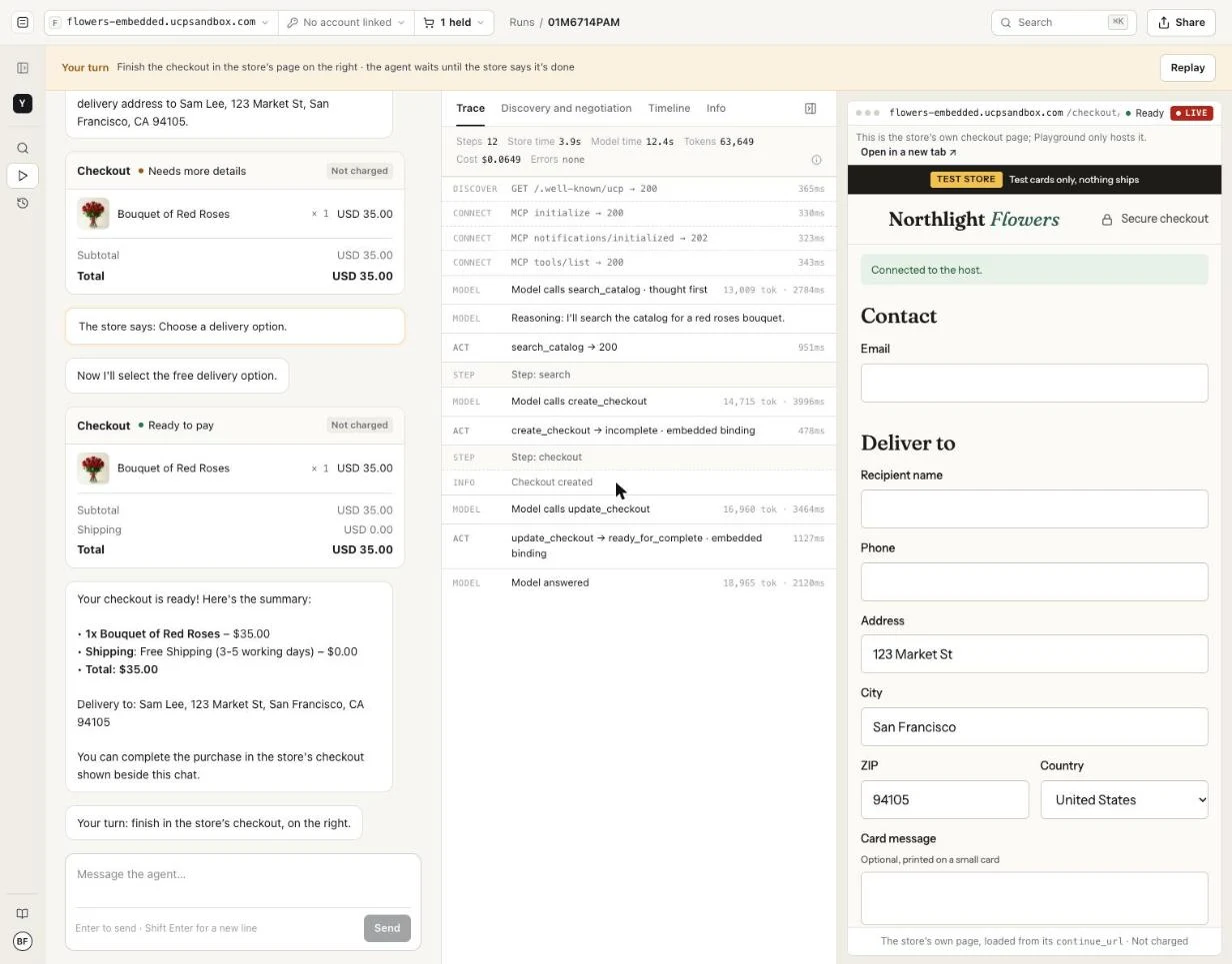 The hand-off, live: "Your turn" across the top, the agent's checkout ready to pay in the chat, the trace up to update_checkout with the embedded binding, and the store's own checkout page in the third pane, connected to the host.