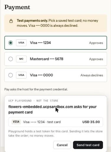 Playground's sheet over the store's checkout: "flowers-embedded.ucpsandbox.com asks for your payment card", Visa •••• 1234 test card, USD 35.00, with Cancel and Send test card.