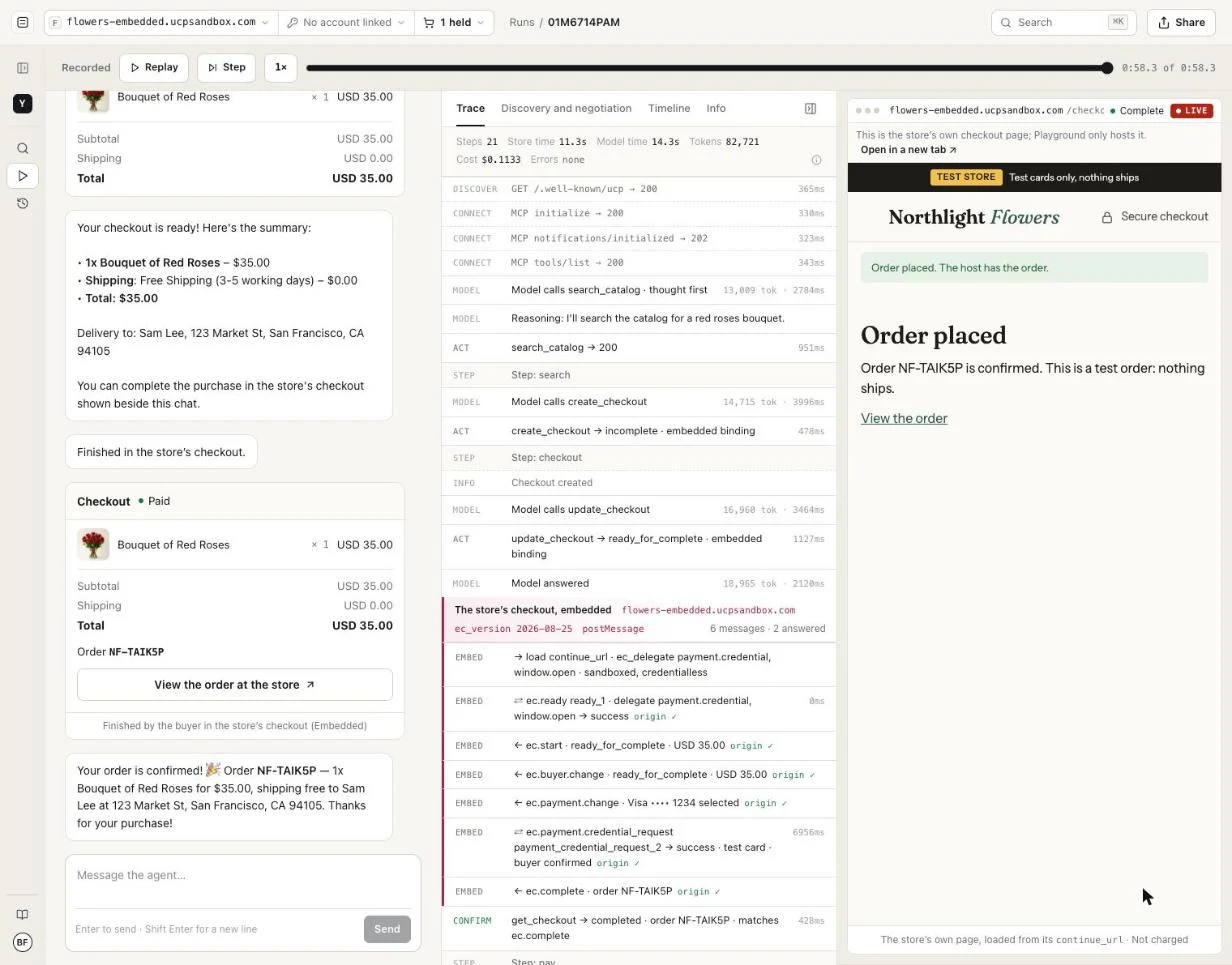 The order placed: the store's own "Order placed · NF-TAIK5P" in the frame, the paid checkout and the agent's reply in the chat, and the trace's embedded band (load, ec.ready, ec.start, ec.buyer.change, ec.payment.change, ec.payment.credential_request, ec.complete) followed by get_checkout confirming the order.