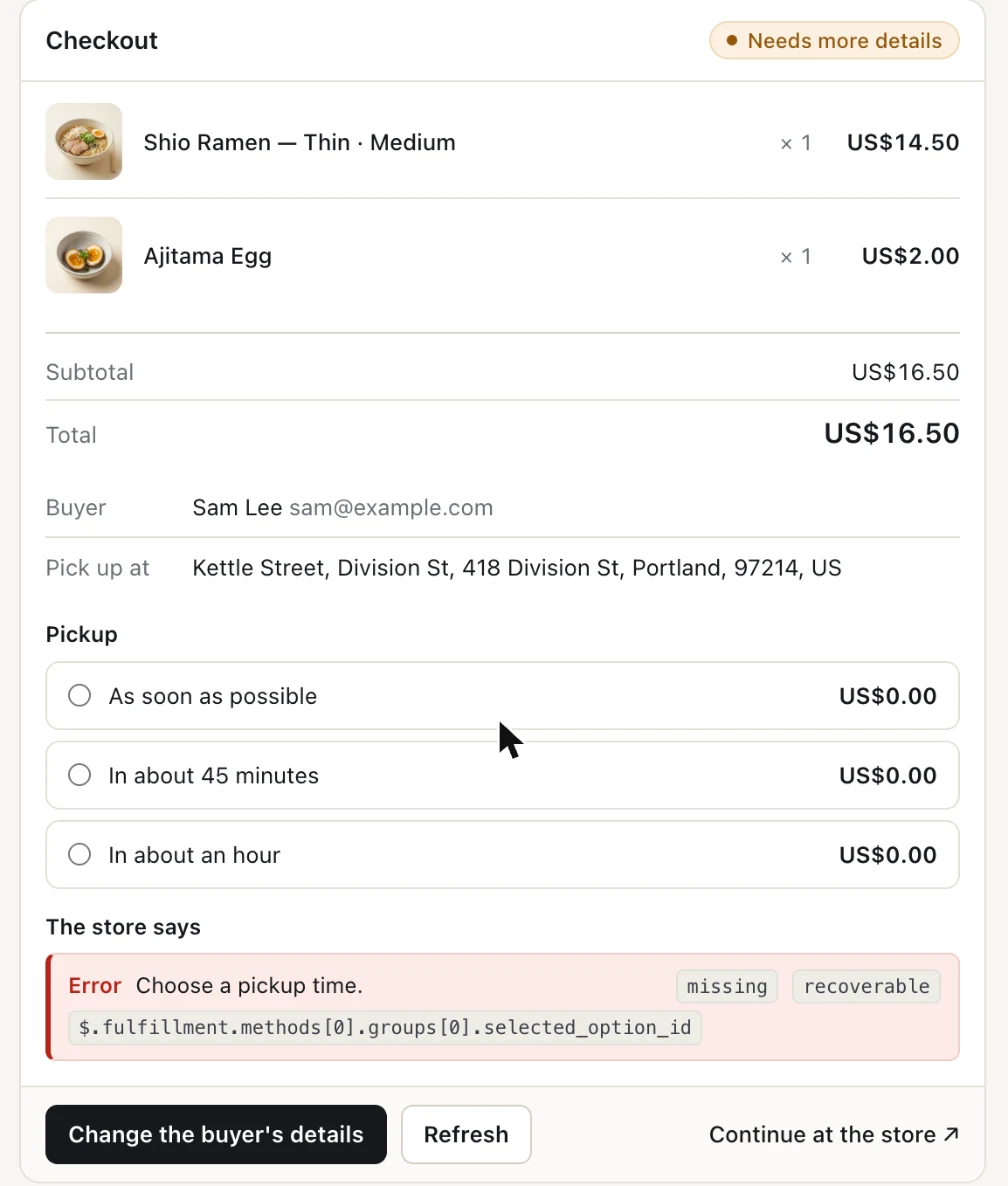 Inspect's checkout after the buyer is saved: Buyer Sam Lee, Pick up at Kettle Street, Division St, and three pickup options (As soon as possible, In about 45 minutes, In about an hour), each US$0.00, with the store's message "Choose a pickup time".
