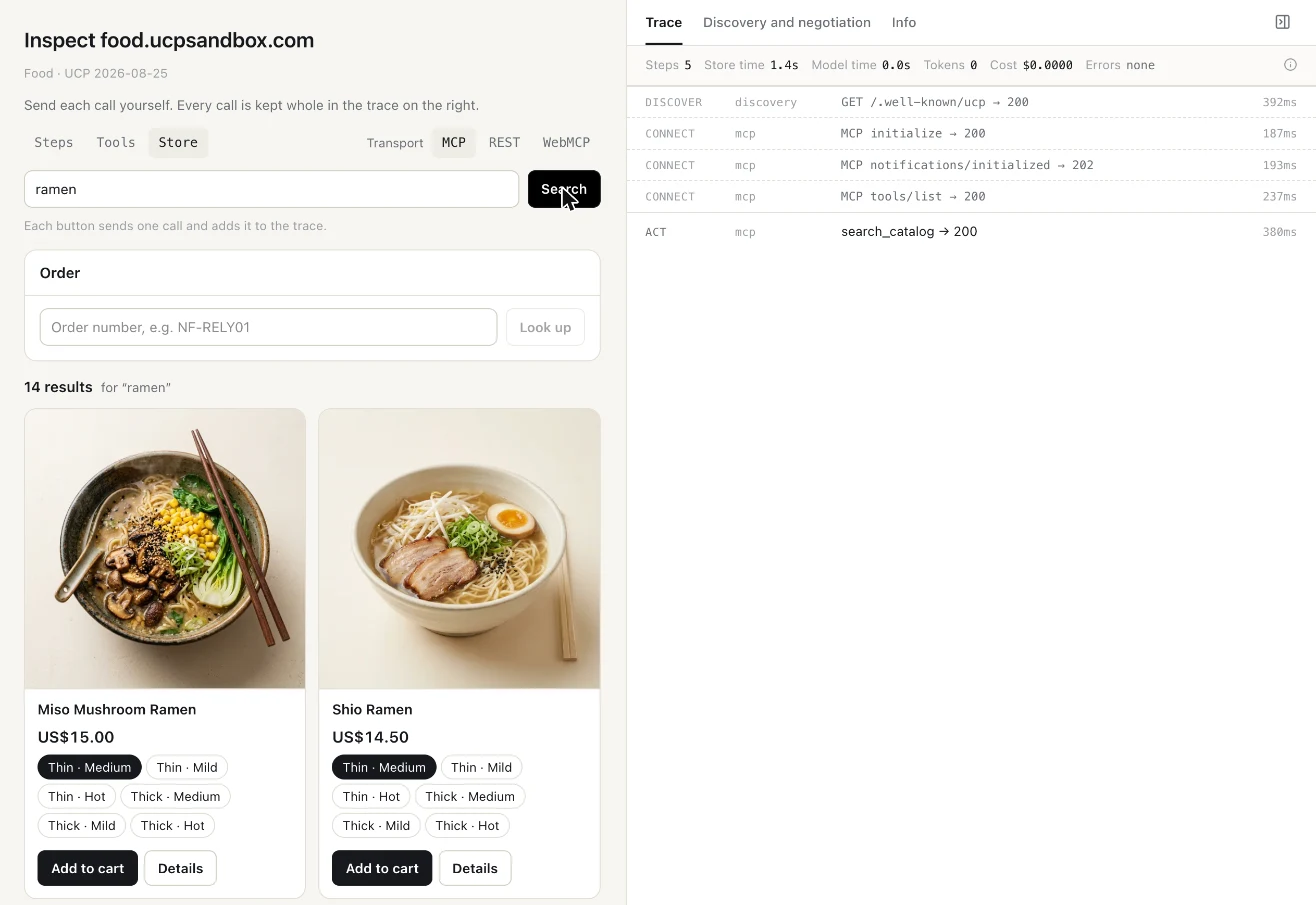 Inspect's Store view on food.ucpsandbox.com: a search for "ramen" returns 14 results, Miso Mushroom Ramen at US$15.00 and Shio Ramen at US$14.50 with their noodle and spice options. The trace on the right lists discovery, the MCP handshake and search_catalog → 200.