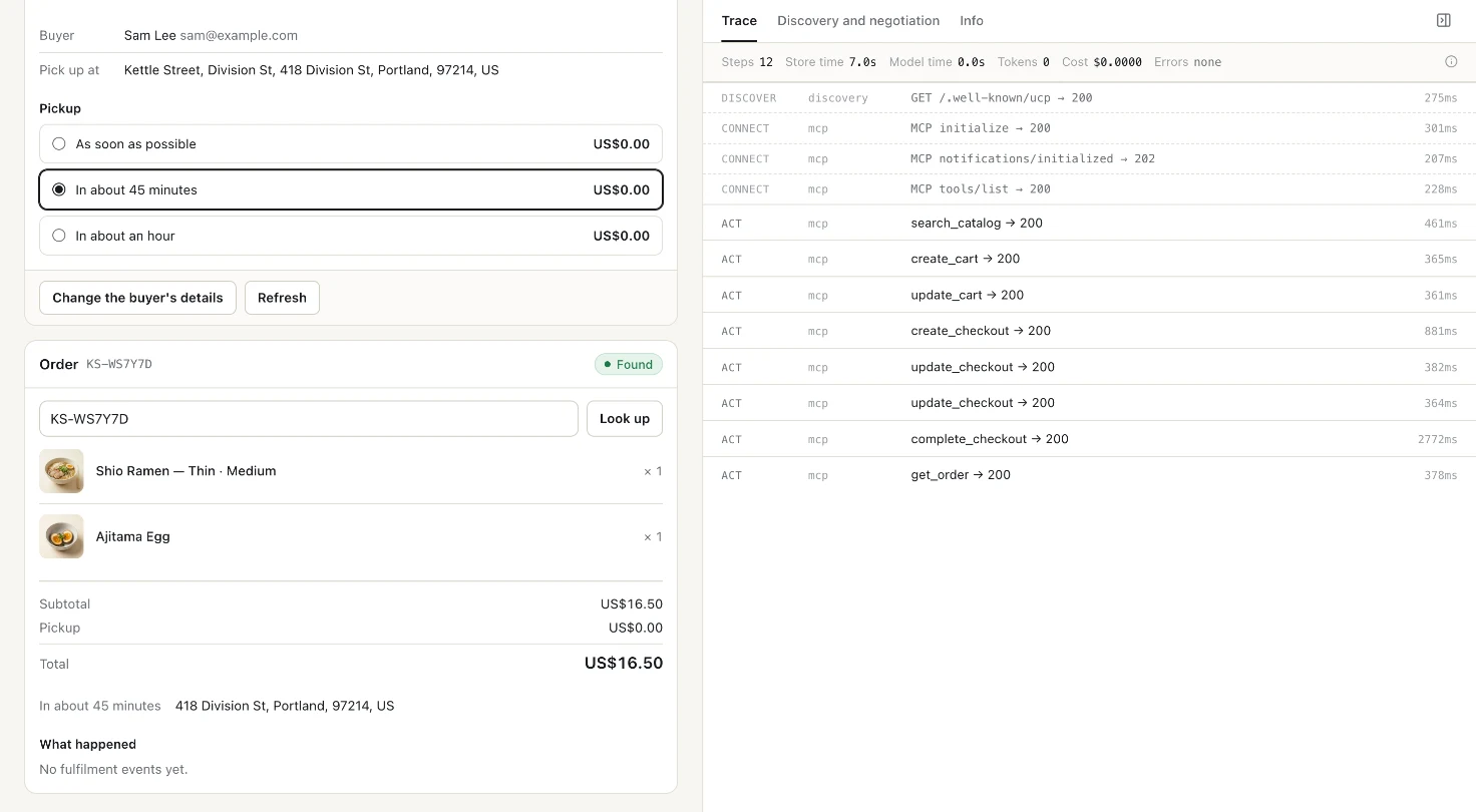 The order KS-WS7Y7D found in Inspect: Shio Ramen and Ajitama Egg, Subtotal US$16.50, Pickup US$0.00, Total US$16.50, "In about 45 minutes, 418 Division St, Portland", "No fulfilment events yet". The trace lists all 12 steps with no errors, from discovery and the MCP handshake through search_catalog, the cart and checkout calls and complete_checkout → 200 to get_order → 200.