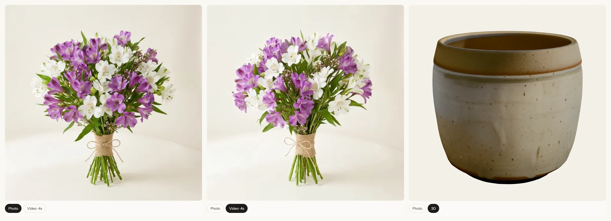 Northlight Flowers product pages: the photo, the same bouquet's 4-second video, and the ceramic pot's 3D model, each a separate UCP media item
