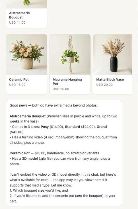 The agent's answer in UCP Playground: product cards from the store's search, then the agent describing the bouquet's video and the pot's 3D model