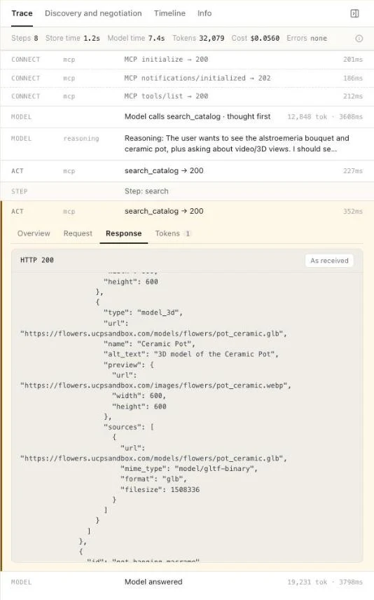 The run's trace: the search_catalog response with the ceramic pot's model_3d item, preview and sources