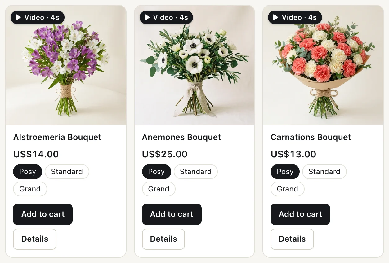 Search results in UCP Playground: bouquet cards labelled Video, from the store's media items