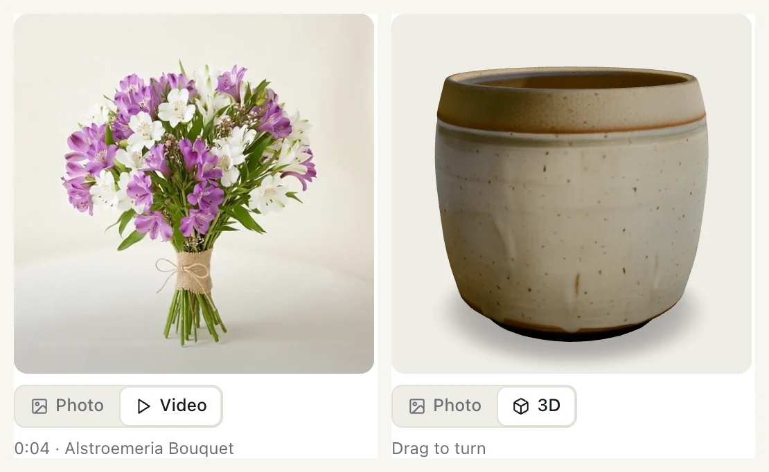 Product details in UCP Playground: the bouquet's video playing from the store's MP4, and the ceramic pot's 3D model from its GLB