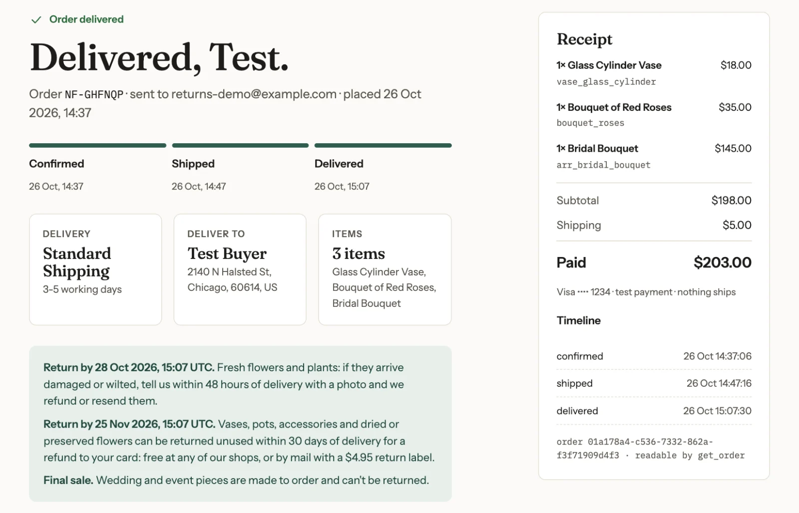 The order page for test order NF-GHFNQP on flowers-returns.ucpsandbox.com, delivered 26 October at 15:07. Below the delivery details: Return by 28 Oct 2026, 15:07 UTC for fresh flowers, Return by 25 Nov 2026, 15:07 UTC for the vase, and Final sale for wedding and event pieces. A receipt beside it lists the Glass Cylinder Vase, Bouquet of Red Roses and Bridal Bouquet.