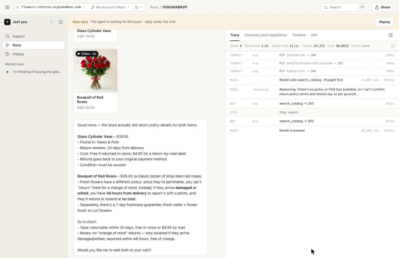 A UCP Playground run on flowers-returns.ucpsandbox.com. In the chat, the agent answers the buyer's returns question for a Glass Cylinder Vase and a Bouquet of Red Roses: the vase has a 30-day return window from delivery, free in store or $4.95 by mail, refunded to the original payment method; the roses can't be returned for a change of mind but damage reported within 48 hours of delivery is refunded or resent at no cost. The trace beside it shows two search_catalog calls.