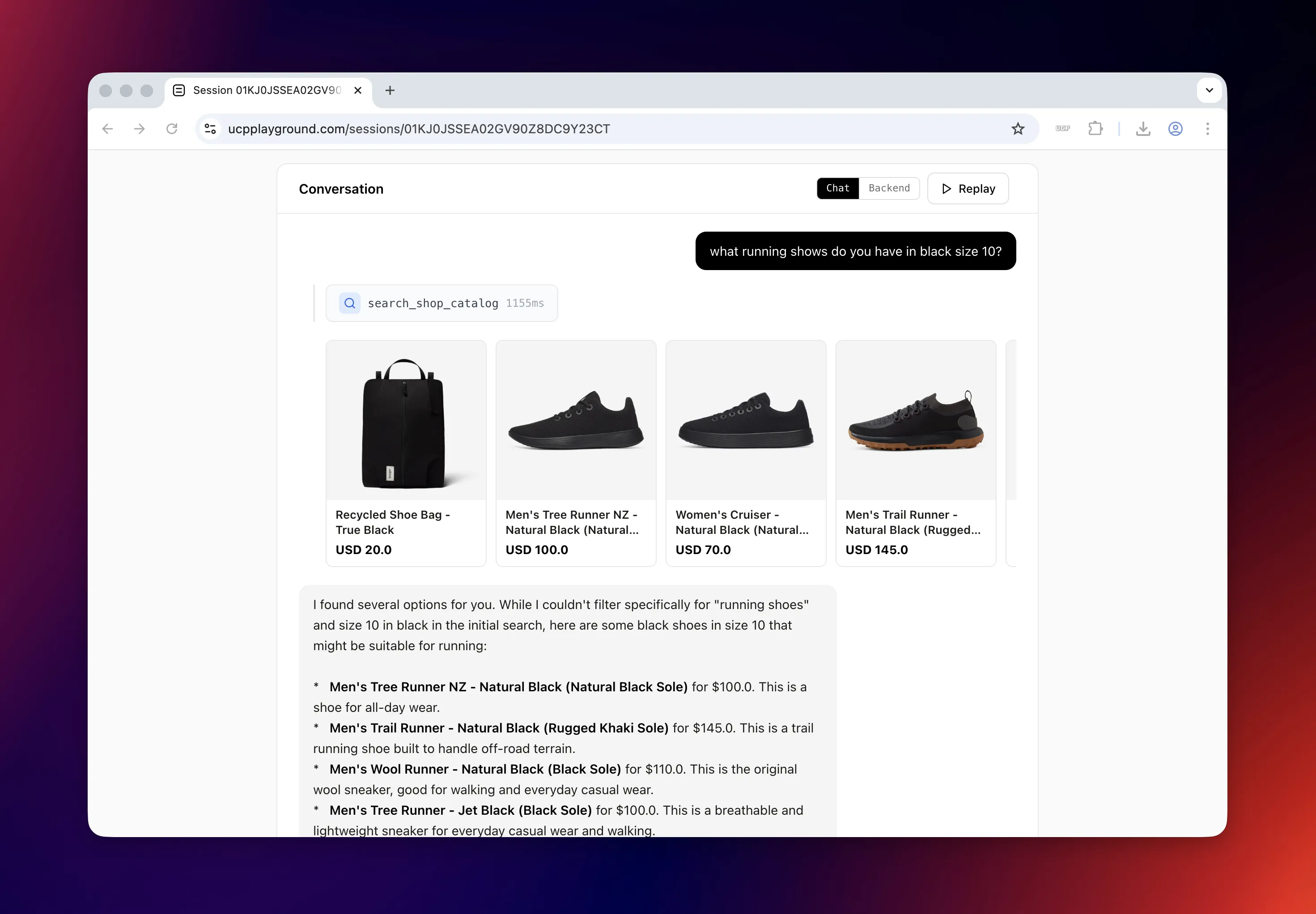 UCP Playground agent session showing Allbirds search results